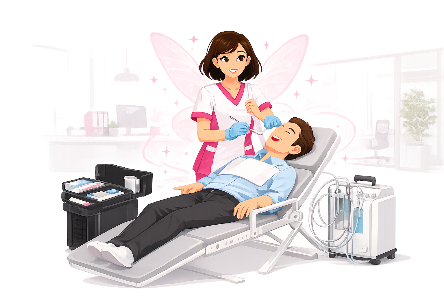The Sparkle Fairy treating a patient in their office